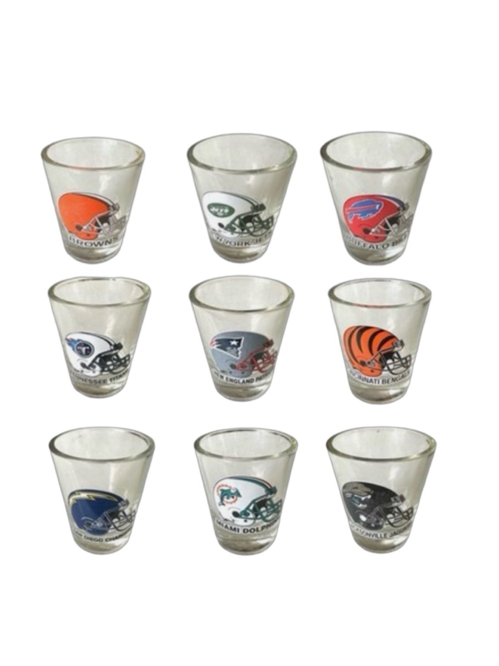 HUNTER Vintage NFL 1 1/2 oz Clear Shot Glass (lot of 9) Souvenir Collectible